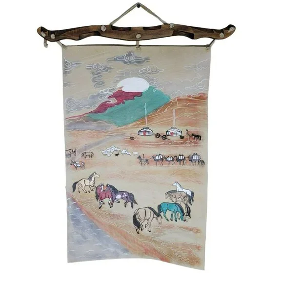Hand Painted‎ Leather Wall Art Horses Mongolian Landscape Wood Western Carved - Picture 2 of 16